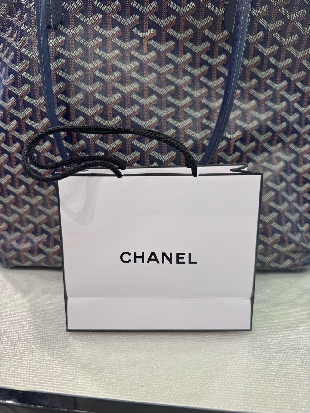 CHANEL White and Black Logo Small Paper Tote